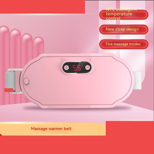Pink stomach warming belt with vibration and heating, USB charging cable, two wormwood bags, and manual in a floral gift box. - Image 2