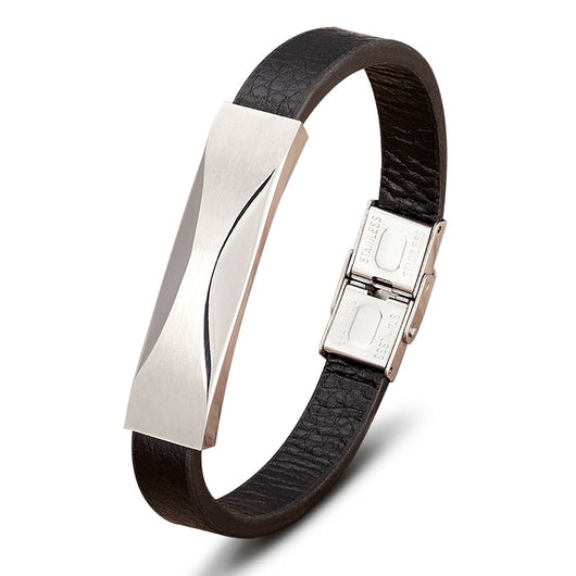 Pulsera de Cuero para Hombre con Acero Inoxidable y Patrón Geométrico - Image 5