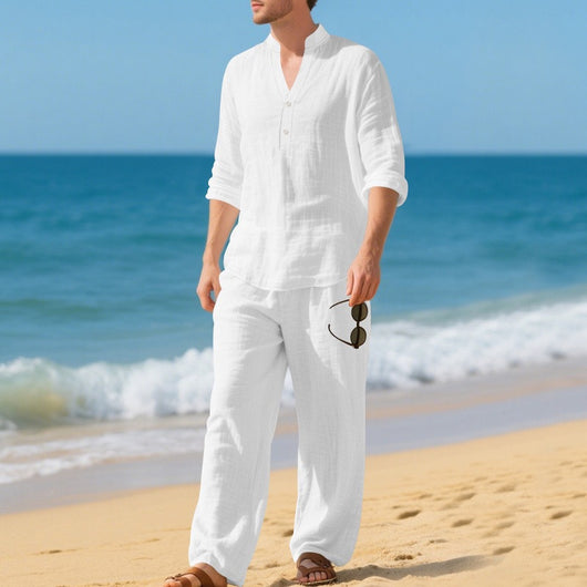 Conjunto de Pantalón y Camiseta Henley Suelta Transpirable para Hombre - Ropa de Playa Casual - Image 45