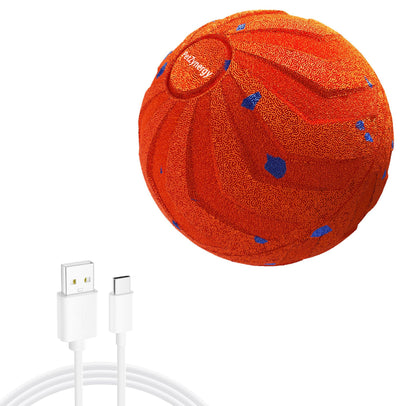 Black textured pet toy ball with blue accents and 'PetZynergy' logo, shown with a white USB-A to USB-C charging cable. - Image 3