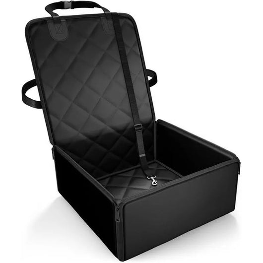 Black quilted pet car seat booster with adjustable straps and a leash attachment, designed for front seat use. - Image 3