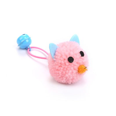 Teal plush mouse head cat toy with green ears, black eyes, pink nose, and a green bell on a light blue string. - Image 5