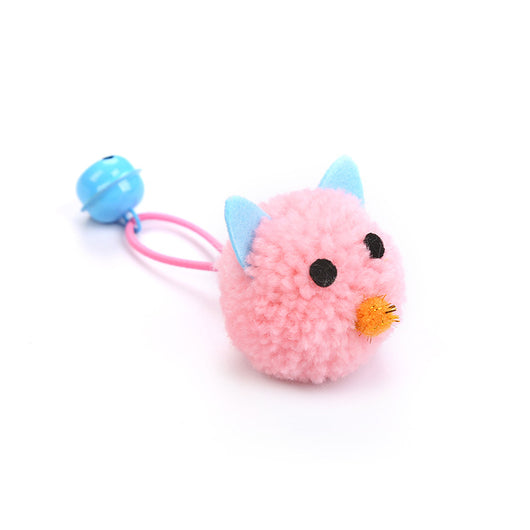 Teal plush mouse head cat toy with green ears, black eyes, pink nose, and a green bell on a light blue string. - Image 5