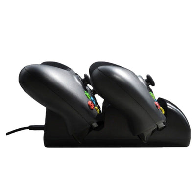 Black dual charging dock for Xbox One wireless controllers with an LED display, shown with two black controllers. - Image 14