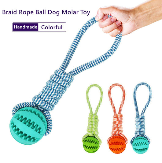 Blue and white braided rope dog toy with a teal rubber treat-dispensing ball for chewing and teeth cleaning. - Image 2