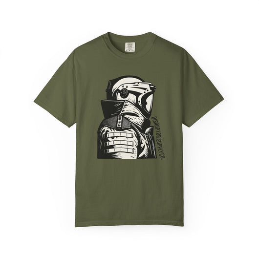 Army green short-sleeve t-shirt with a black and white graphic print of a person in a helmet and tactical vest. - Image 4
