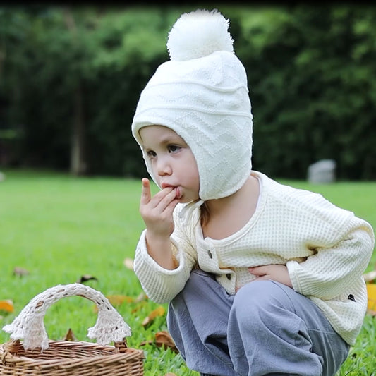 Conjunto de Gorro con Orejeras y Guantes de Lana para Niños en Color Sólido