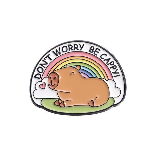 Cute capybara enamel brooch wearing a pink donut with sprinkles and "DONUT WORRY BE CAPPY" text. - Image 18