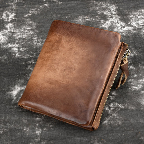 Billetera Retro de Cuero Genuino con Doble Cierre para Hombre