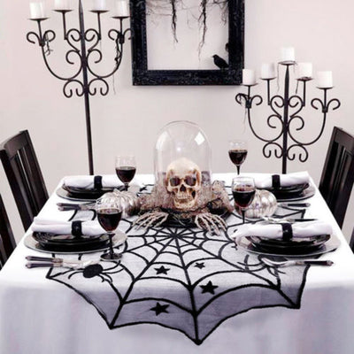 Black lace Halloween curtain with a spider web pattern and a hanging bat figure, perfect for spooky decor. - Image 5