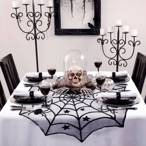 Black lace Halloween curtain with a spider web pattern and a hanging bat figure, perfect for spooky decor. - Image 5