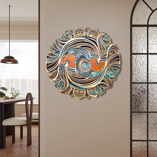 Arte Decorativo Pared Peces Dobles Tallado Madera Redondo Retro - Image 2
