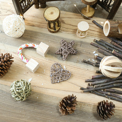 Set of natural wooden hamster toys including dumbbell shapes, a spherical bell toy, and two cylindrical bell toys, with a hamster. - Image 3