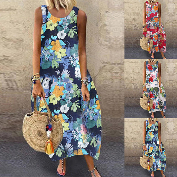 Vestido Suelto Midi Étnico Estampado sin Mangas para Mujer Verano