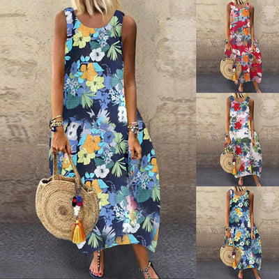 Vestido Suelto Midi Étnico Estampado sin Mangas para Mujer Verano