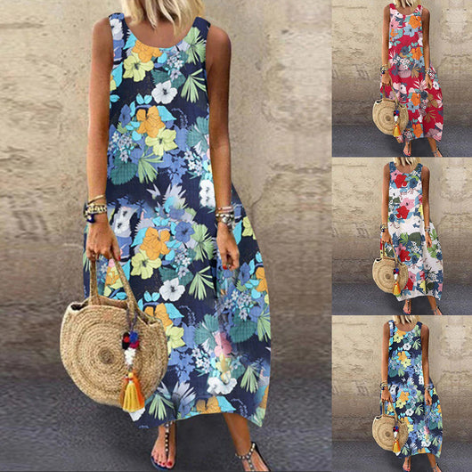 Vestido Suelto Midi Étnico Estampado sin Mangas para Mujer Verano