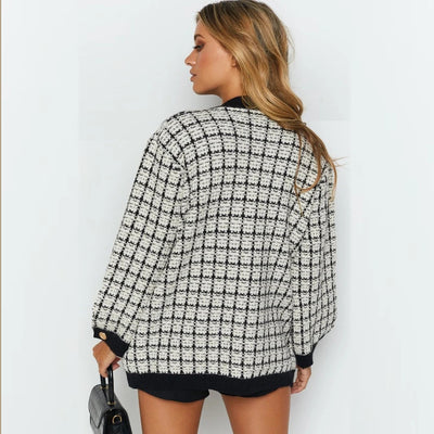 Cardigan Tejido Cuadros Mujer Estilo Elegante Oversize Abrigo Grueso - Image 21