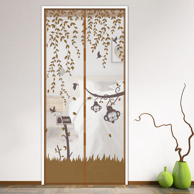 Purple magnetic mosquito curtain with a playful design featuring monkeys, birds, and leaves, installed in a doorway. - Image 6