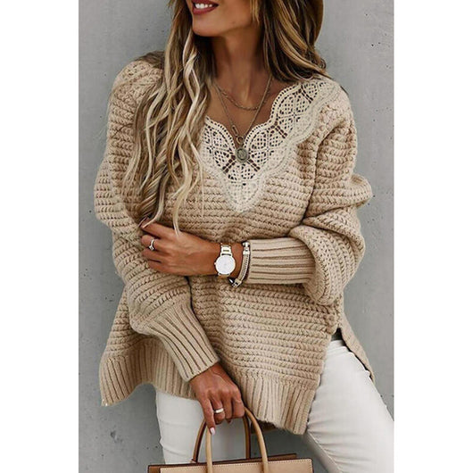 Suéter de Cuello en V con Encaje - Colección Invierno Europeo - Image 2