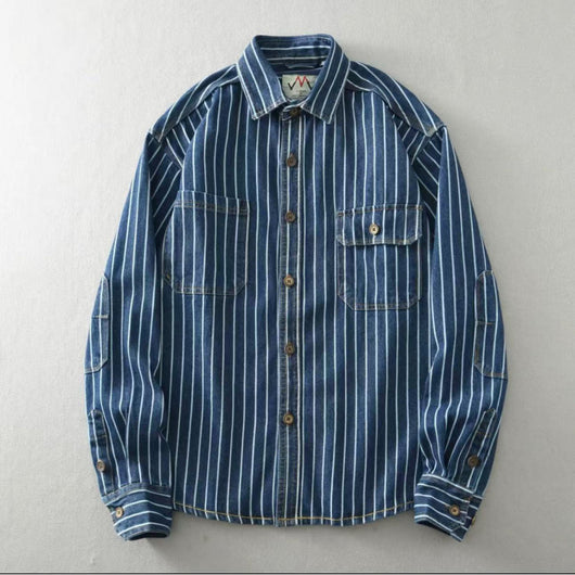 Camisa Holgada a Rayas de Manga Larga Estilo Americano Desgastado