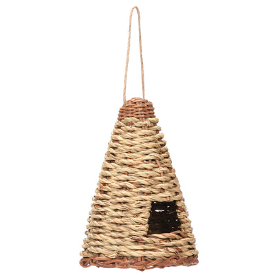 Cone-shaped, flat-bottomed bird's nest woven from natural straw with a small entrance and hanging loop. - Image 2