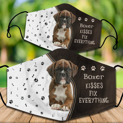 Two cotton face masks with a Bichon Frise dog, paw prints, and bones on a white and brown background. Text reads "Bichon Frise KISSES FIX EVERYTHING." - Image 28