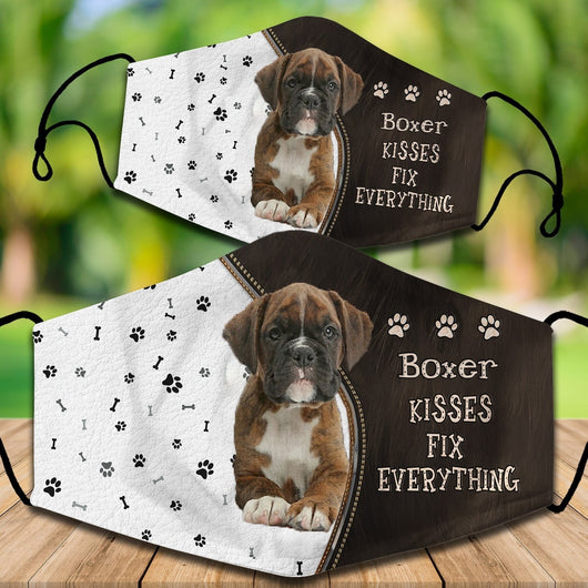Two cotton face masks with a Bichon Frise dog, paw prints, and bones on a white and brown background. Text reads "Bichon Frise KISSES FIX EVERYTHING." - Image 28