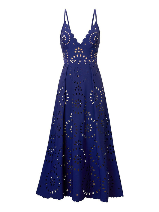 Navy blue women's one-piece swimsuit and matching midi skirt set with laser-cut floral patterns and scalloped edges. - Image 20