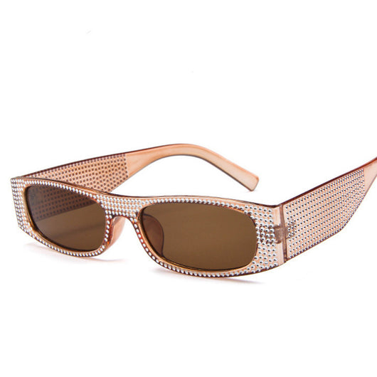 Yellow rectangular sunglasses with clear rhinestone-studded frames and matching yellow lenses. - Image 11