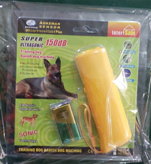 Yellow and black ultrasonic dog training devices with wrist straps, one in retail packaging. - Image 23