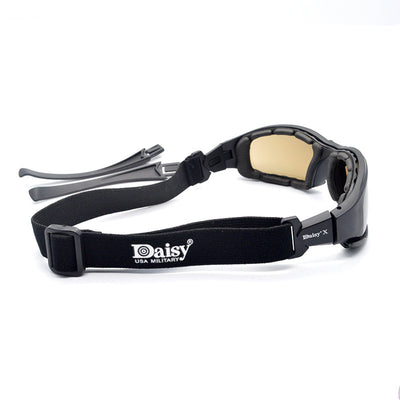 Black full-frame motorcycle goggles with yellow lenses, an adjustable elastic strap, and detachable temple arms. - Image 11