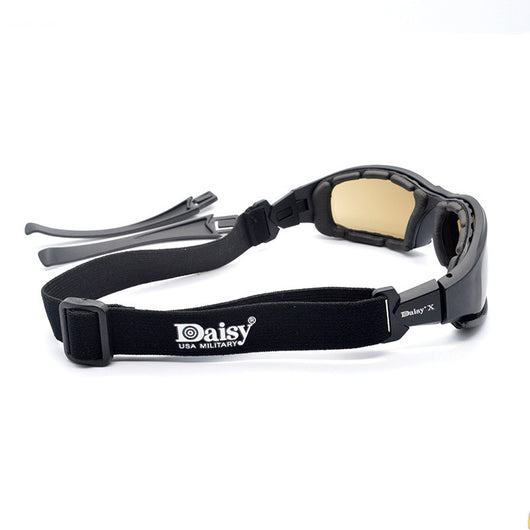 Black full-frame motorcycle goggles with yellow lenses, an adjustable elastic strap, and detachable temple arms. - Image 11