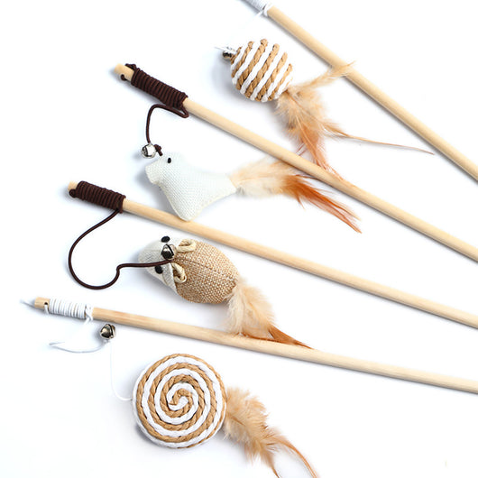 Cat teaser toy with a long wooden pole, a striped ball, brown feathers, and a small bell. - Image 3