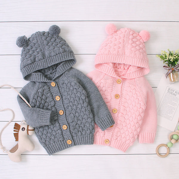 Chaqueta Tejida con Capucha y Bolitas de Lana