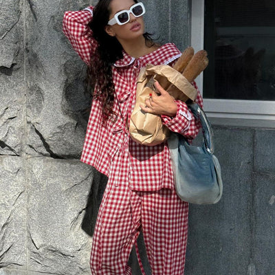 Conjunto Dos Piezas: Blusa Cuadros Suelta con Cordones y Pantalón Ancho - Image 4