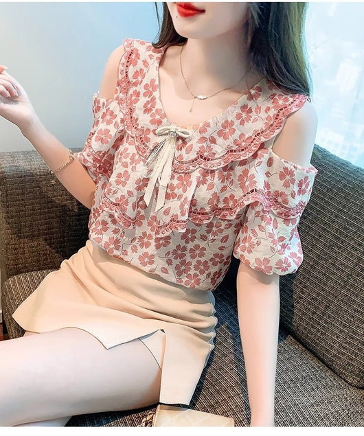 Blusa Chiffon Floral Hombro Descubierto - Camisa Romántica de Manga Corta - Image 10