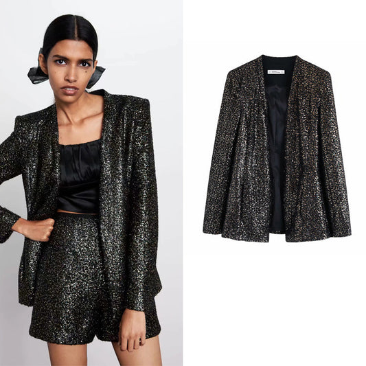 Blazer Retro para Mujer con Lentejuelas y Cuello Alto - Chaqueta Elegante Otoño