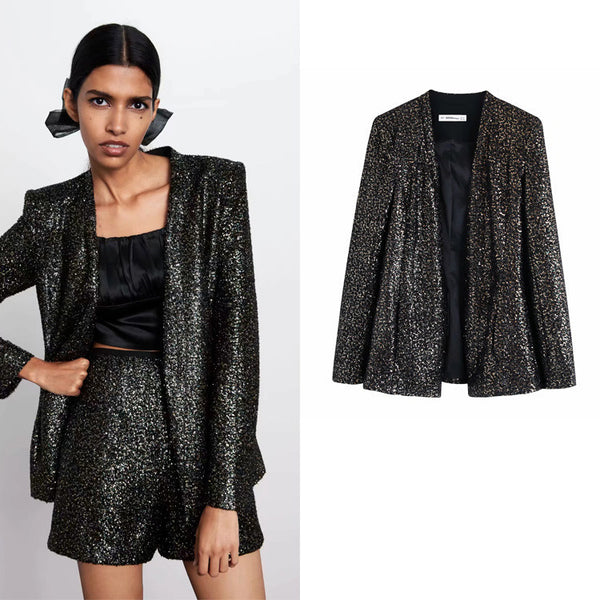 Blazer Retro para Mujer con Lentejuelas y Cuello Alto - Chaqueta Elegante Otoño