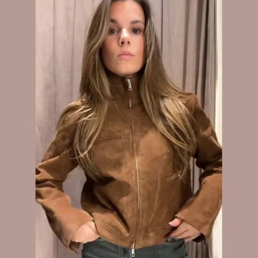 Chaqueta de Gamuza Marrón para Primavera con Cuello de Pie y Cierre