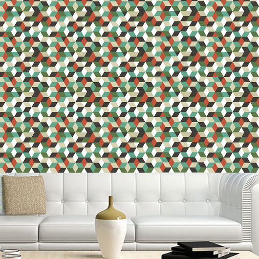 Waterproof self-adhesive wall sticker with a geometric 3D cube pattern in green, teal, orange, black, and white.