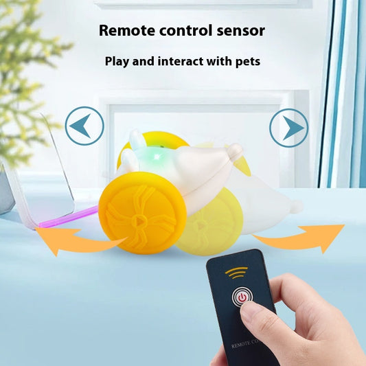 Yellow and white remote control electric mouse toy for cats, shown with its black remote and white charging cable.