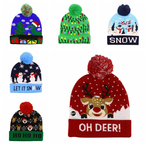 Gorro Navideño Tejido con Diseño de Reno y Muñeco de Nieve
