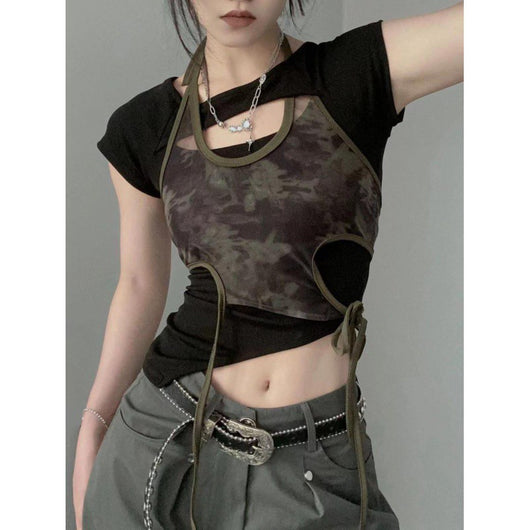 Blusa Retro Hot Girl Estampada Manga Corta con Tirantes - Diseño Verano Chic - Image 3