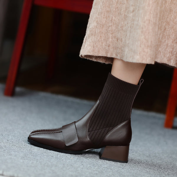 Botas Cortas Tejidas con Tacón Grueso para Mujer