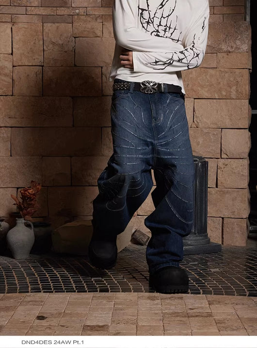 Jeans Anchos Desgastados con Diseño de Gato, Barba y Strass Brillantes - Image 5