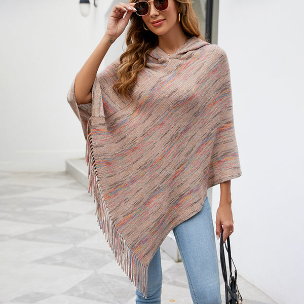 Capa Rayas con Capucha y Borlas para Mujer