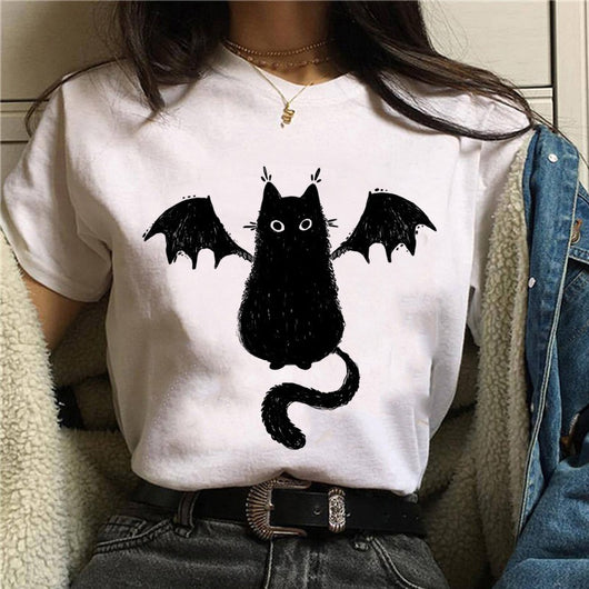 Playera Gato Caricatura con Hongos Halloween Manga Corta