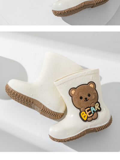 White children's rain boots with a brown cartoon bear holding colorful 'BEAR' lettering and a white fleece lining. - Image 8