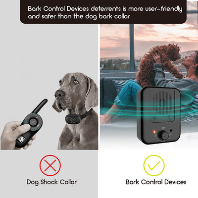 Black ultrasonic anti-barking device with a red light and a control knob, next to yellow pet goggles with rainbow lenses. - Image 5