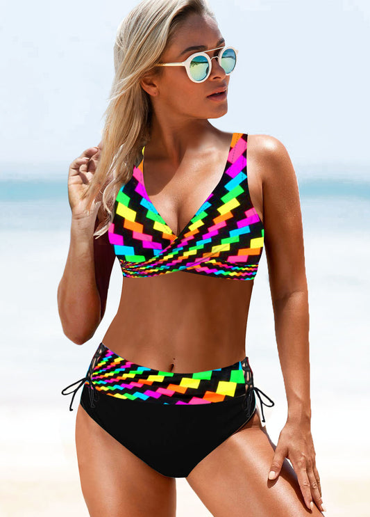 Bikini Cintura Alta con Rayas Arcoíris Multicolor